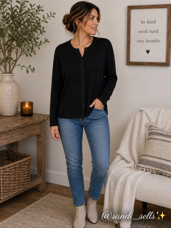 alison craig Sweaters - Classic Black Button-Front Women's Cardigan Sweater